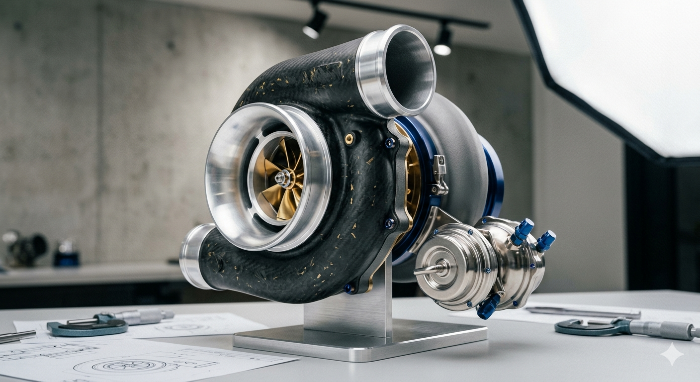 Precision-engineered turbocharger on workshop bench